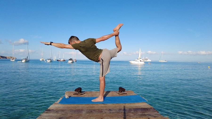 yoga, ibiza, sport, men, man, cala tarida jetty, online yoga, on demand